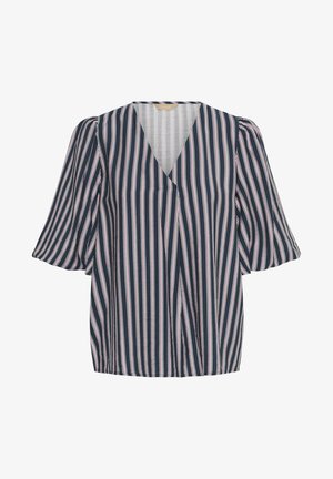 Marineblaue Bluse mit mehrfarbigen vertikalen Streifen, V-Ausschnitt, kurzen Puffärmeln und lockerem Schnitt. Leichter Stoff mit weicher Textur.