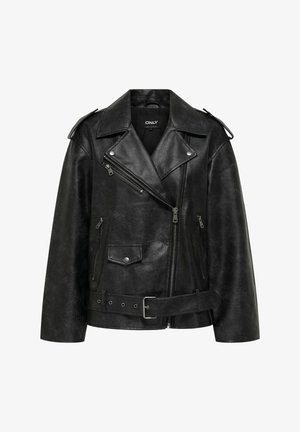 Veste de motard en similicuir noir avec larges revers, fermeture éclair asymétrique, poches zippées, une poche à bouton-pression, pattes d'épaule et ceinture à la taille.