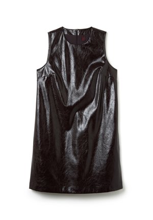 Black sleeveless dress made of shiny, textured material with a smooth finish and a back zipper closure. Simple, modern design.