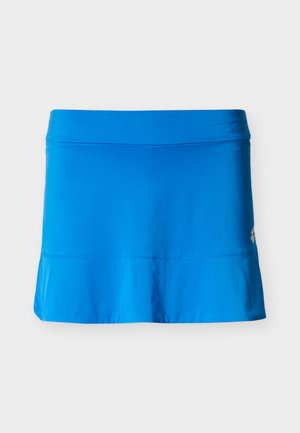 Jasnoniebieska sportowa spódniczka z szerokim paskiem w talii i subtelnym logo po bocznej stronie, pokazana na płasko na białym tle.