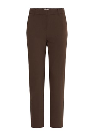 Pantalon marron sur mesure longueur cheville avec passants de ceinture et fermeture éclair avant, présenté sur un fond blanc.