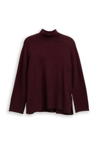 Pull à col roulé bordeaux en maille douce, avec des manches longues, un col canalé et une coupe décontractée avec des fentes latérales.
