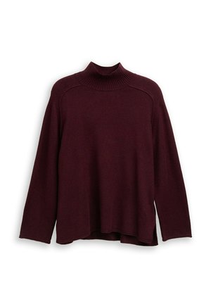 Burgunderfarbener Rollkragenpullover aus weichem Strickmaterial, mit langen Ärmeln, einem gerippten Kragen und einer lockeren Passform mit seitlichen Schlitzen.