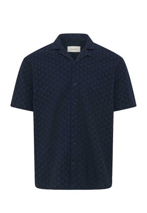 Donkerblauw, kortärmelig overhemd met knopen, voorzien van een subtiel geometrisch patroon en een klassieke kraag.