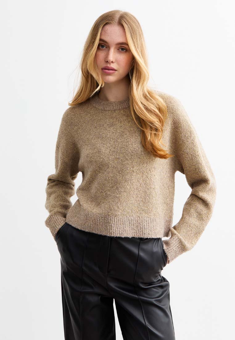 Maglione a maglia marrone chiaro con scollatura rotonda e maniche lunghe. Il tessuto ha una finitura morbida e testurizzata. Abbinato a pantaloni neri a vita alta.