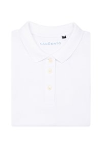 Biała koszulka polo wykonana z teksturowanej tkaniny, z kołnierzykiem, czterema beżowymi guzikami i haftowanym logo w jasnoniebieskim kolorze. Rozmiar M.