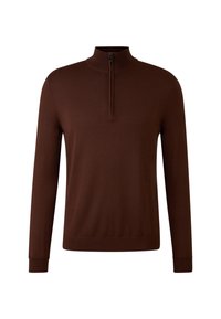 Brauner, langärmeliger Pullover mit hohem Kragen und halbem Reißverschluss. Hergestellt aus weichem Material mit glatter Textur und figurschmeichelndem Design.