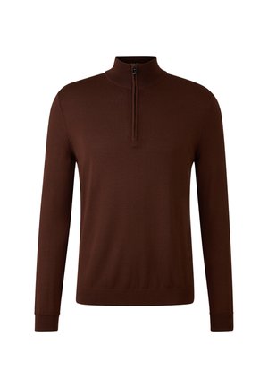 Pull-over marron à manches longues avec un col haut et fermeture éclair demi-longueur. Fabriqué dans un matériau doux avec une texture lisse et un design ajusté.