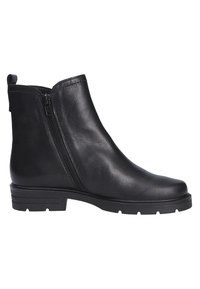 Bottines en cuir noir avec une finition lisse, fermeture éclair sur le c�ôté, bout arrondi et semelle en caoutchouc basse. Design simple sans motifs visibles.