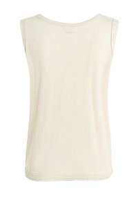 Haut sans manches couleur blanc cassé en tissu doux, avec un col rond et une finition décorative en crochet à l'ourlet.