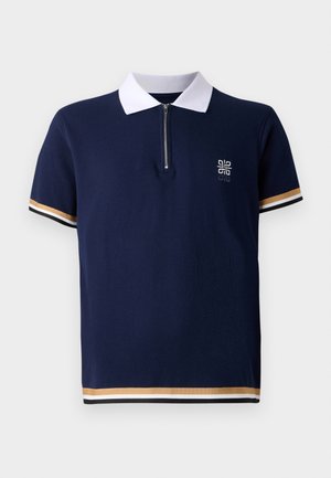 Navy polo shirt with white collar, quarter-zip design, and textured fabric. Features striped accents in gold and white on sleeves.