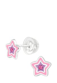 Orecchini a forma di stella in metallo argentato, con dettagli in smalto rosa e viola e una gemma centrale rosa. Inclusi supporti trasparenti.