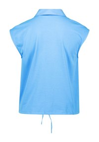 Haut bleu clair à manches courtes avec col, fabriqué en tissu doux. Possède une coupe décontractée et un cordon de serrage froncé à l'ourlet.