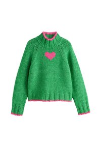 Grøn strikket sweater med et pink hjerte design på brystet, som har høj hals og pink ribbet kant ved kraven og kanten.