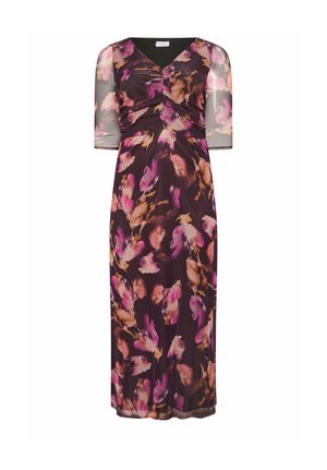 Tummanvioletti midimekko, jossa on ryppyinen V-pääntie, puoliläpinäkyvät hihat ja abstrakti kukkakuvio pinkin, laventelin ja hiekan sävyissä.