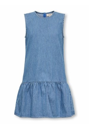 Varrukateta sinine teksakleit vertikaalsete valgete triipudega, ümmarguse kaelusega, kogutud seelikuserva ja seljaosas lukuga sulgumisega.