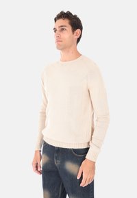 Maglione a maglia beige chiaro con scollatura a girocollo, maniche lunghe e polsini e orlo a costine. Indossato con jeans scuri strappati.