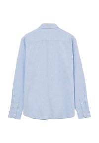Helleblaues Langarmhemd mit Button-Down-Kragen, aus einem strukturierten Stoff gefertigt. Verfügt über einen geraden Saum und Knopfmanschetten.
