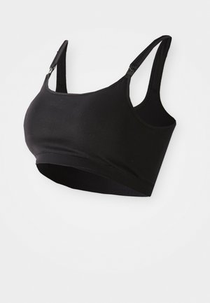 Bralette negro sin costuras con tirantes ajustables, tela suave y una banda ancha. Sin aros, diseñado para comodidad y soporte.