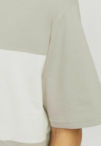 Short-sleeved t-shirt featuring a color-block design in light gray and white, made of soft cotton, with a relaxed fit and round neckline.