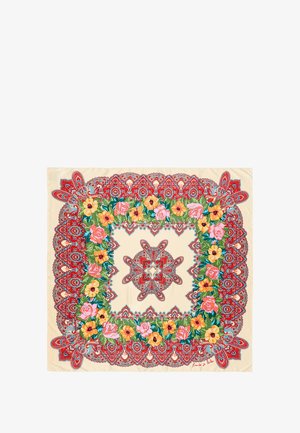 Square silk scarf featuring intricate floral patterns in vibrant colors, bordered by a decorative paisley design on a cream background.