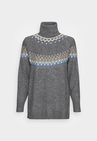Szary sweter z golfem z wzorem Fair Isle w kremowym, jasnobrązowym i niebieskim kolorze. Wykonany z teksturowanej dzianiny z prążkowanymi mankietami i dołem.