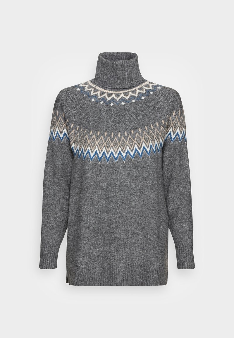 Pull col roulé gris avec un motif Fair Isle en crème, marron clair et bleu. Fabriqué en tissu tricoté texturé avec des poignets et un ourlet côtelés.