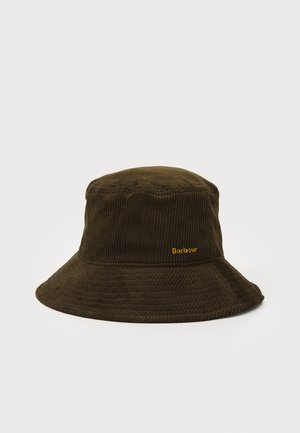 Bruine corduroy emmerhoed met een brede rand, met een subtiele ribbeltextuur en geborduurd "Barbour" in het geel aan de zijkant.