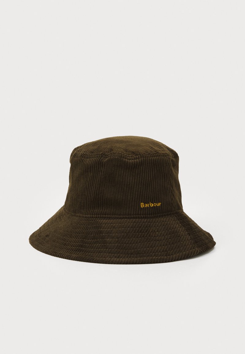 Καφέ καπέλο τύπου bucket από κορντούρα με φαρδύ γείσο, που διαθέτει μια διακριτική ριγέ υφή και κεντημένο το "Barbour" σε κίτρινο στο πλάι.