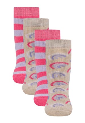 Two pairs of children's socks, one with alternating pink and lavender stripes, the other beige with multicolored rainbow patterns.
