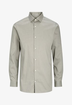 Šviesiai pilka ilgomis rankovėmis marškiniai su sagutėmis, su smailiu apykakle ir baltais sagutėmis priekyje.