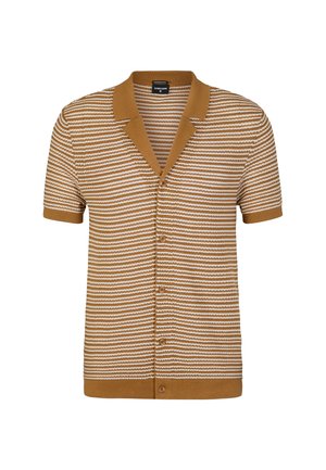 Korte mouwen cardigan in bruine en witte verticale strepen, met knopen aan de voorkant, een textuur gebreid patroon en een contrasterende bruine kraag.