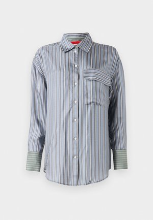 Gestreepte button-up shirt in tinten van blauw en wit, met een borstzak en groene gestreepte manchetten. Gemaakt van een gladde stof.