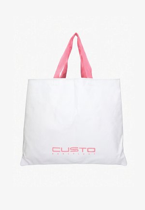 Borsa tote bianca con manici rosa e logo "CUSTO BARCELONA" stampato in rosa al centro anteriore su sfondo bianco.
