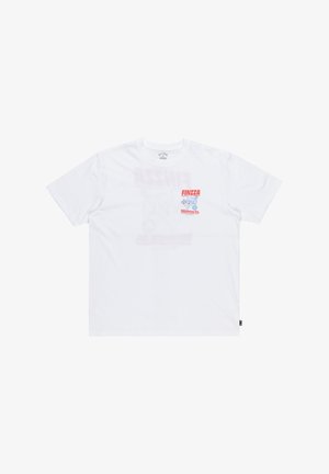 White cotton t-shirt featuring a graphic print in red and blue. Short sleeves, round neck, and relaxed fit. Notable text and illustration details.