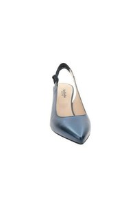 Ballerines à bout pointu bleu, avec une finition satinée élégante, des côtés ouverts et une sangle noire au talon. Semelle intérieure neutre et texture lisse.