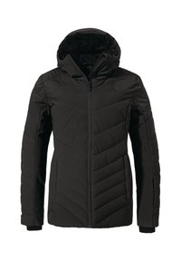 Schwarze Kapuzen-Studienjacke mit einem Frontreißverschluss, ausgestattet mit einem Zickzack-Steppmuster und elastischen Bündchen für eine enge Passform.