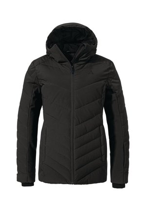 Schwarze Kapuzen-Studienjacke mit einem Frontreißverschluss, ausgestattet mit einem Zickzack-Steppmuster und elastischen Bündchen für eine enge Passform.