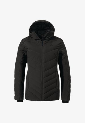 Schwarze Kapuzen-Studienjacke mit einem Frontreißverschluss, ausgestattet mit einem Zickzack-Steppmuster und elastischen Bündchen für eine enge Passform.