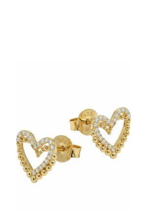 Goldfarbene Ohrstecker in Herzform mit kleinen runden Diamanten und Perlrand, aus 925er Sterlingsilber, mit Schmetterlingsverschluss.