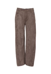 Brune kordfløyels brede bukser med en jevn tekstur, med frontlommer og klassisk knappelukking. Skreddersydd design fremhever komfort.