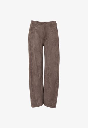 Brown corduroy wide-leg pants with a smooth texture, featuring front pockets and a classic button closure. Tailored design emphasizes comfort.
