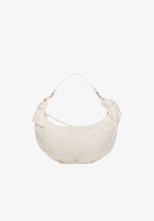Borsa a tracolla in pelle color crema con dettagli annodati ai lati e una singola tracolla arcuata, con testo del marchio sottile vicino al centro in basso.