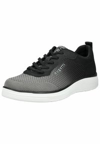 Schwarzer und grauer Sportschuh mit einem strukturierten Mesh-Obermaterial, flacher weißer Gummisohle und schwarzen Schnürsenkeln. Mit "bugatti"-Logo an der Seite.