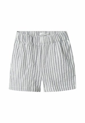 Pilkos ir baltos juostelės šortai su elastine juosta, pagaminti iš lengvos medžiagos, su šoninėmis kišenėmis ir laisvu siluetu.