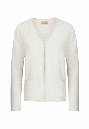 Hvid tekstureret cardigan med V-hals, to frontlommer og lynlås. Lavet af blødt materiale med et subtilt mønster hele vejen igennem.