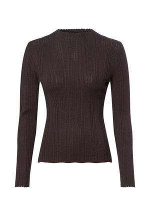 Pull en rond torsadé marron foncé avec des manches longues, un col rond et des bords festonnés. Fabriqué en tissu tricoté texturé avec des détails de points ouverts.