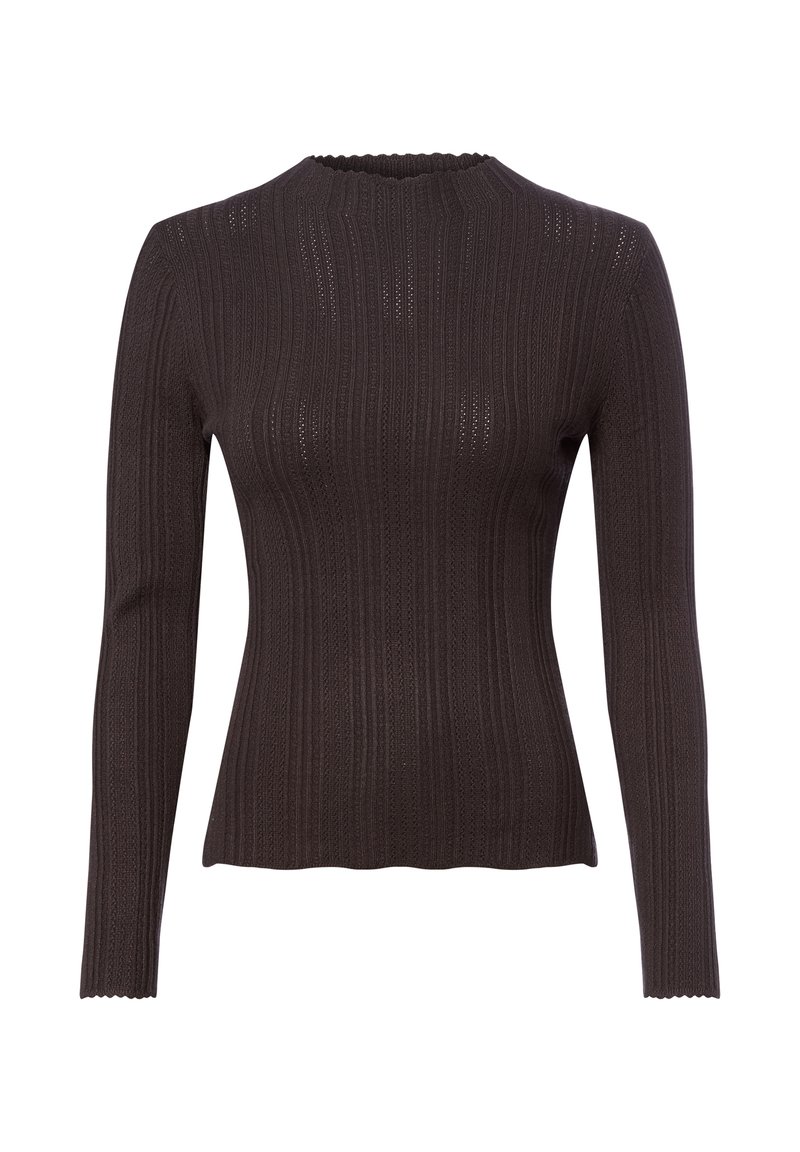 Maglione a coste marrone scuro con maniche lunghe, scollatura rotonda e bordi ondulati. Realizzato in tessuto lavorato a maglia, con dettagli di punto aperto.