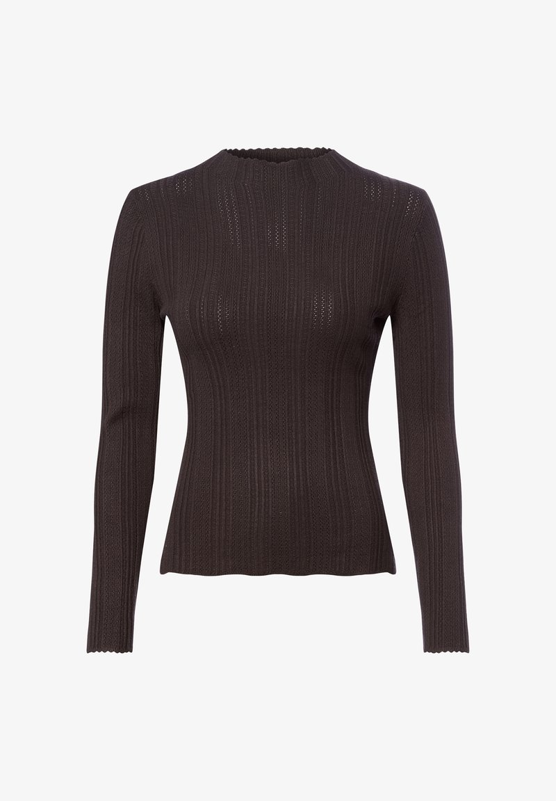 Donkerbruin geribbeld sweater met lange mouwen, een ronde halslijn en scalloped randen. Gemaakt van gebreide, gestructureerde stof met open steekdetails.