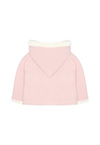 Chaqueta con capucha rosa con un suave forro de peluche blanco sintético. Textura acanalada y diseño holgado con puños en contraste.